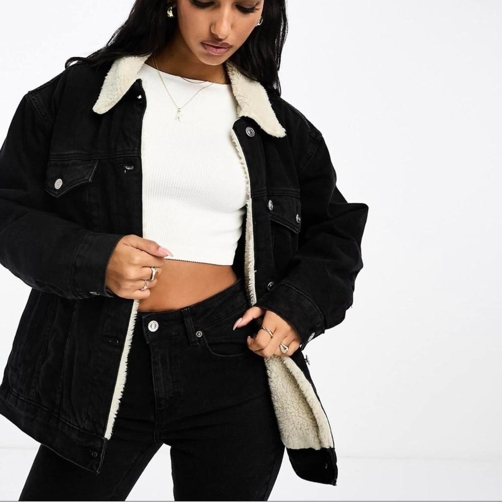 ASOS Black Denim Jacket with Cream Sherpa Lining